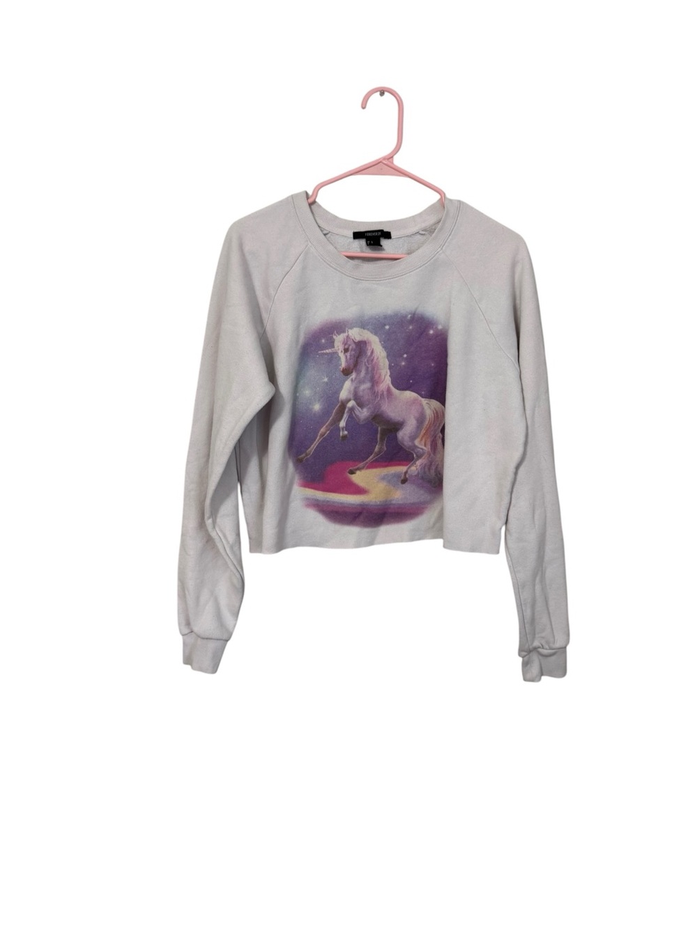 Forever 21 White Crewneck Sweatshirt with Purple & Pink Unicorn Graphic